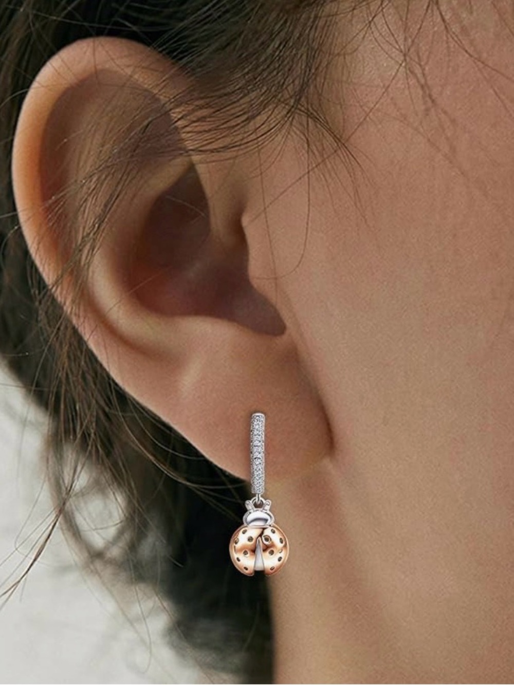 Rose Gold tone Ladybug Drop Earrings with Crystal Hoop